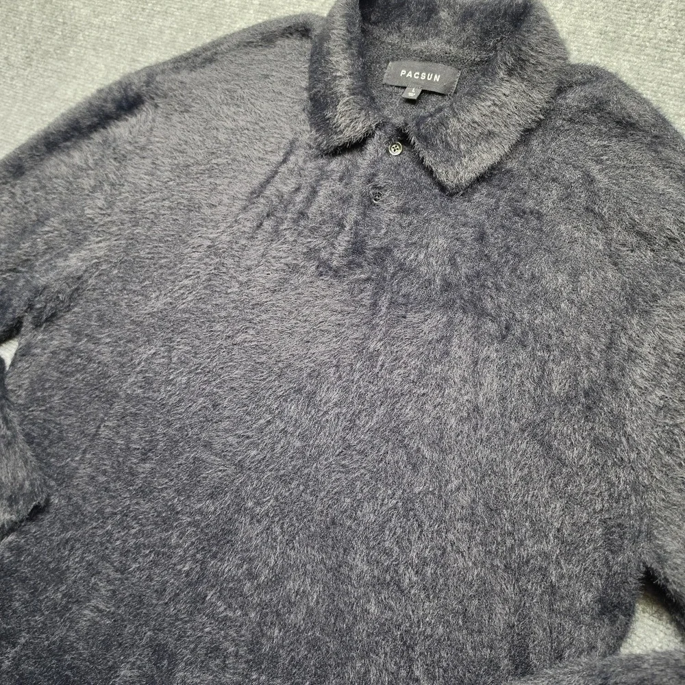 PacSun Mens Large Long Sleeve Collared Fuzzy Knit Polo Sweater Black